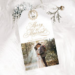 Gold Merry & Married Newly Weds Photo Gift Tags<br><div class="desc">This Christmas gift tag features elegant and romantic swirly calligraphy lettering with a photo,  and a simple Christmas wreath pattern on the back. For more advanced customisation of this design,  please click the BLUE DESIGN TOOL BUTTON above!</div>