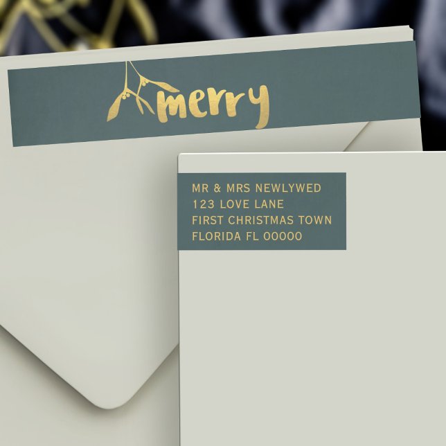 Gold Merry Mistletoe Christmas Holiday Address Wrap Around Label (A festive green and gold merry mistletoe wrap around label with space for your address)