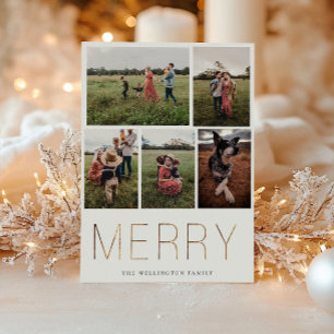 Gold MERRY Modern Photo Collage Holiday Card