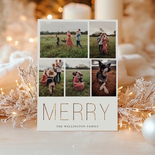 Gold MERRY Modern Photo Collage Holiday Card (Creator Uploaded)