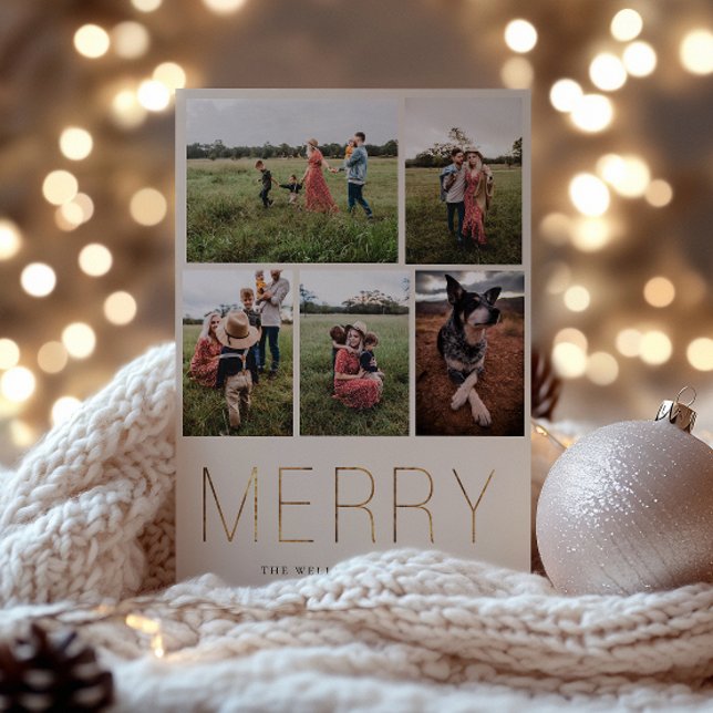 Gold MERRY Modern Photo Collage Holiday Card Sand (Creator Uploaded)