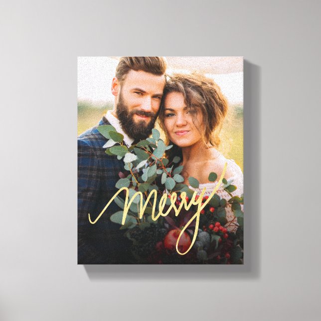 Gold Merry Newlywed First Christmas Wedding Photo Canvas Print (Front)