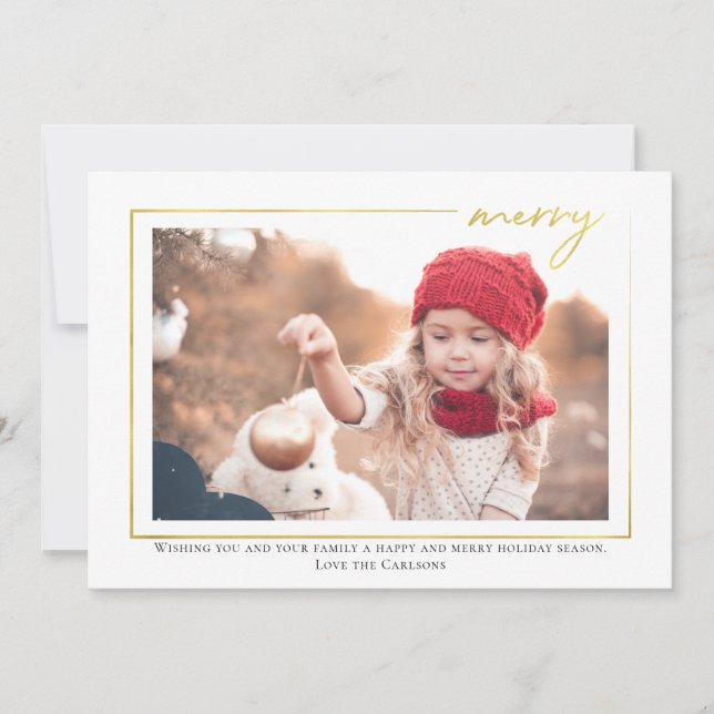 Gold Merry Script Photo Christmas Card (Front)