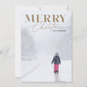 Gold Merry Script Serif Christmas Portrait Photo Holiday Card