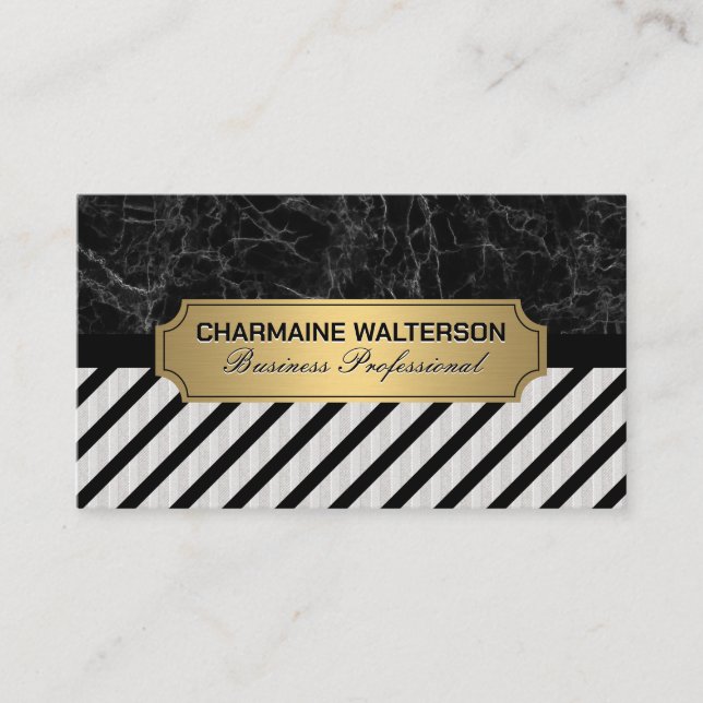 Gold Metal | Black Marble and Stripes Business Card (Front)