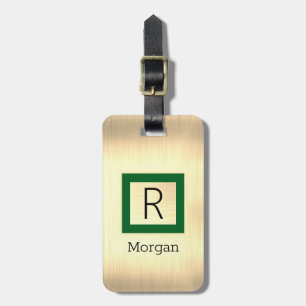 Gold Metal, Black Name & Monogram, Green Box Luggage Tag