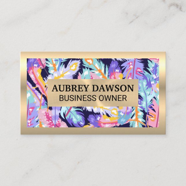Gold Metal | Boho Feathers Business Card (Front)