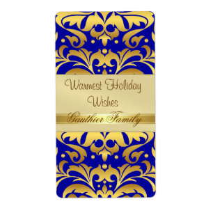 Gold Metal Damask BLue Holiday Wine Label
