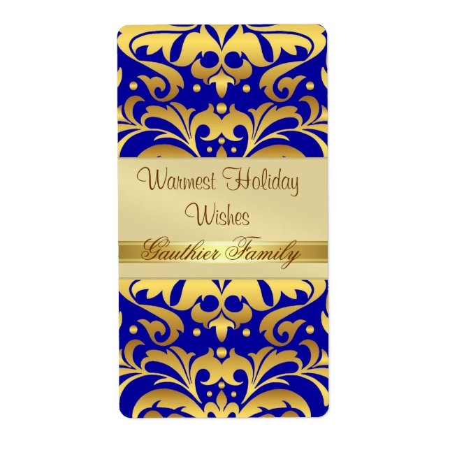 Gold Metal Damask BLue Holiday Wine Label (Front)