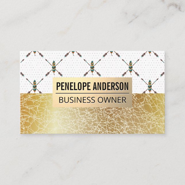 Gold Metal | Feather Bohemian Pattern | Texture Business Card (Front)