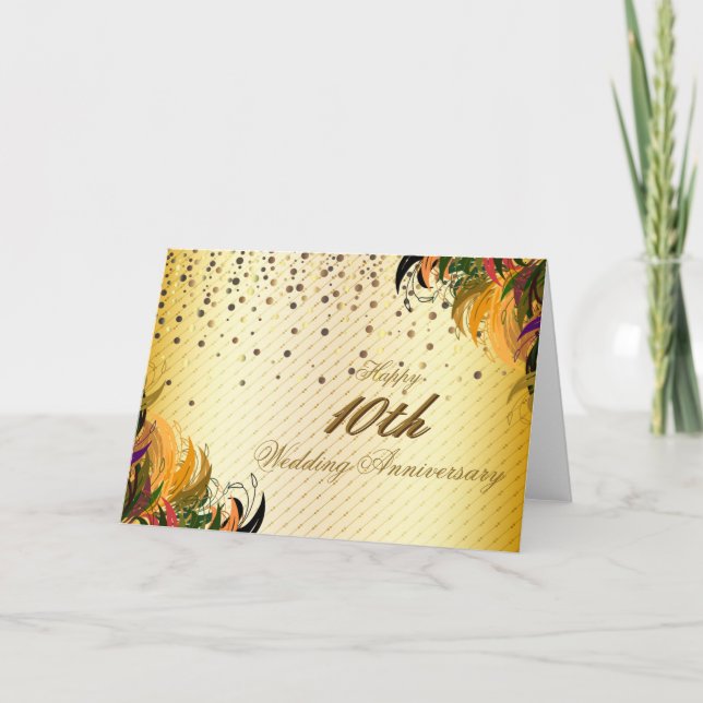 Gold Metal Floral Happy 10th Wedding Anniversary Card (Front)