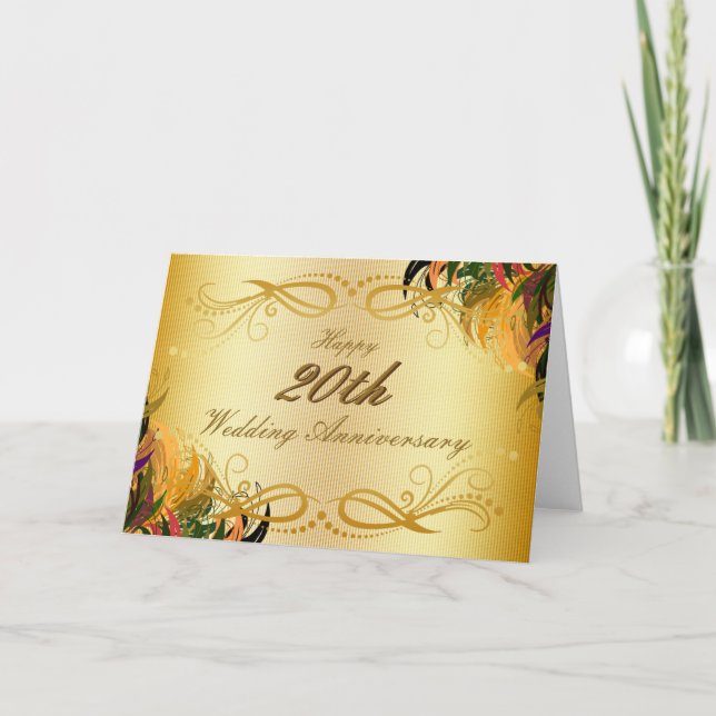 Gold Metal Floral Happy 20th Wedding Anniversary Card (Front)