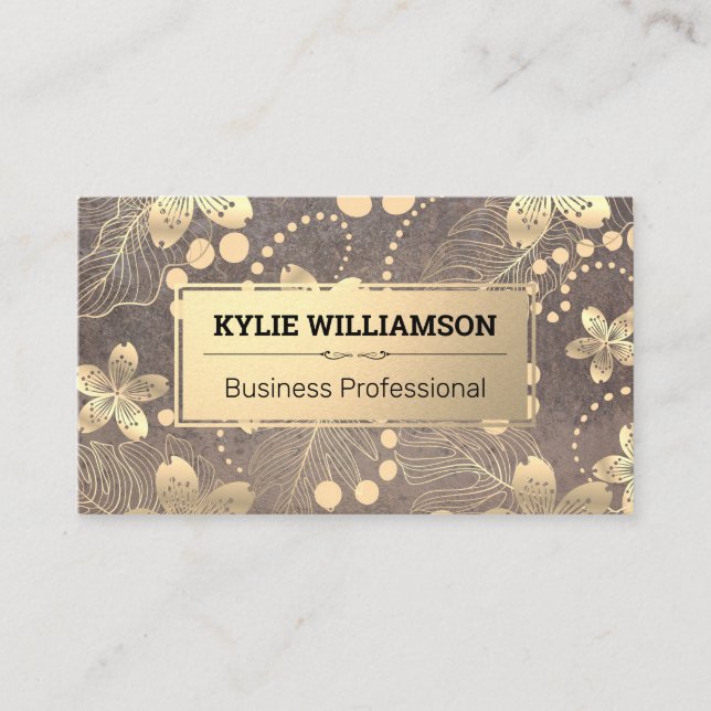 Gold Metal Flower Leaf Pattern Business Card (Front)