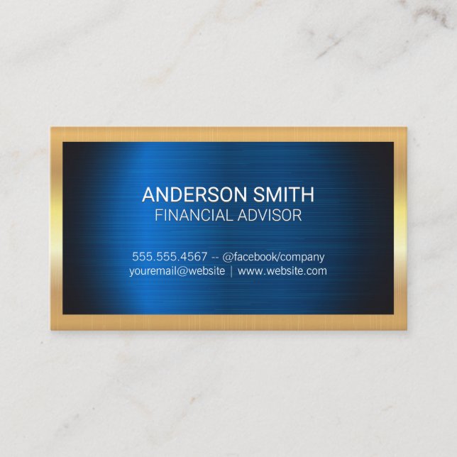 Gold Metal Frame | Blue Metal Background Business Card (Front)