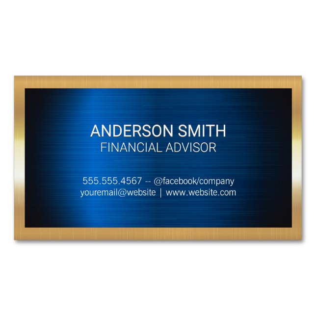Gold Metal Frame | Blue Metal Background Business Magnetic Business Card (Front)