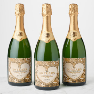 Gold Metal Heart Wedding Anniversary Sparkling Wine Label