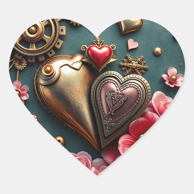 Gold Metal Hearts and Gears Steampunk Heart Sticker (Front)