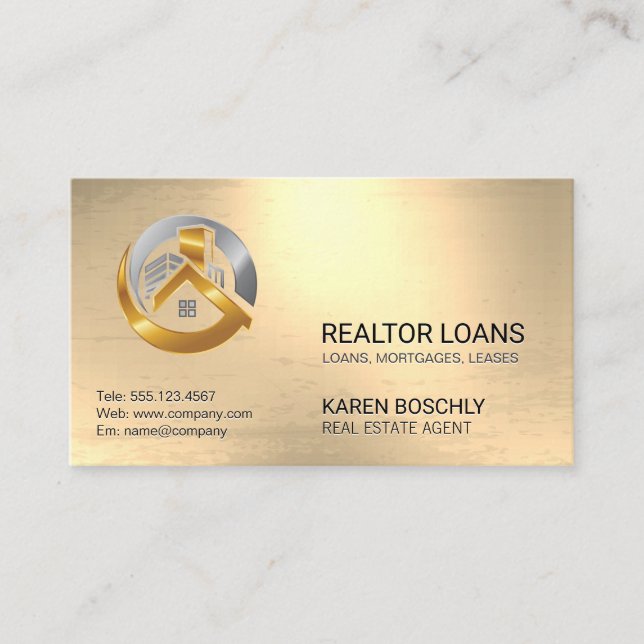 Gold Metal | House Real Estate | Properties Business Card (Front)