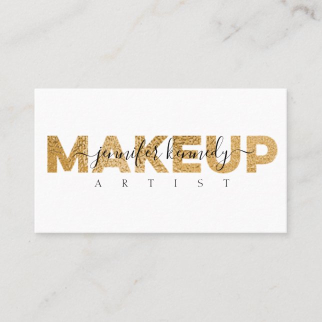 Gold Metal Makeup Artist Script Beauty Salon Business Card (Front)