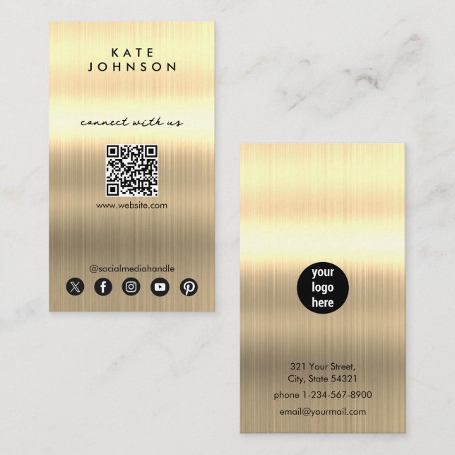 Gold Metal Modern Social Media Connect With Us Business Card (Front/Back)