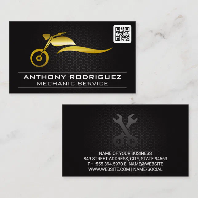 Gold Metal Motorcycle Logo | QR Code Business Card | Zazzle