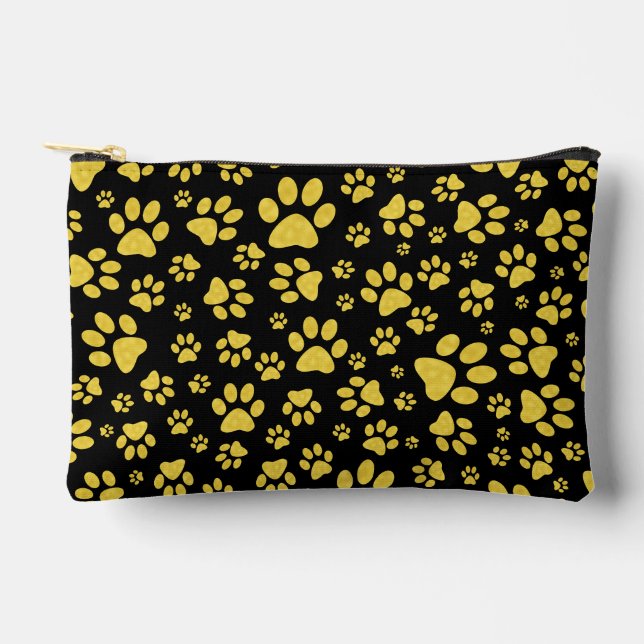 Gold metal pattern paws on black background accessory pouch (Front)