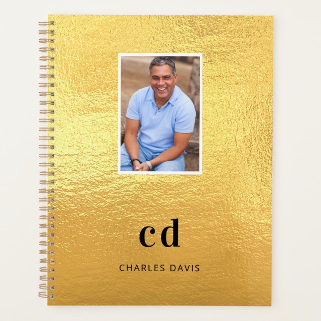 Gold metal photo monogram initials name planner (Front)