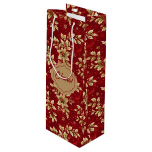 Gold Metal Poinsettias On Red Wine Gift Bag