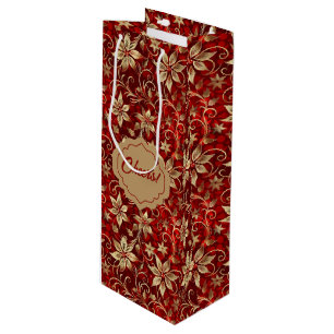 Gold Metal Poinsettias On Red Wine Gift Bag