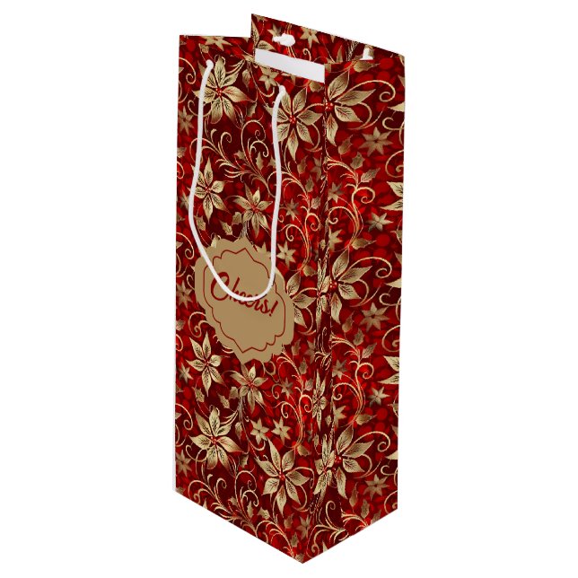 Gold Metal Poinsettias On Red Wine Gift Bag (Front Angled)