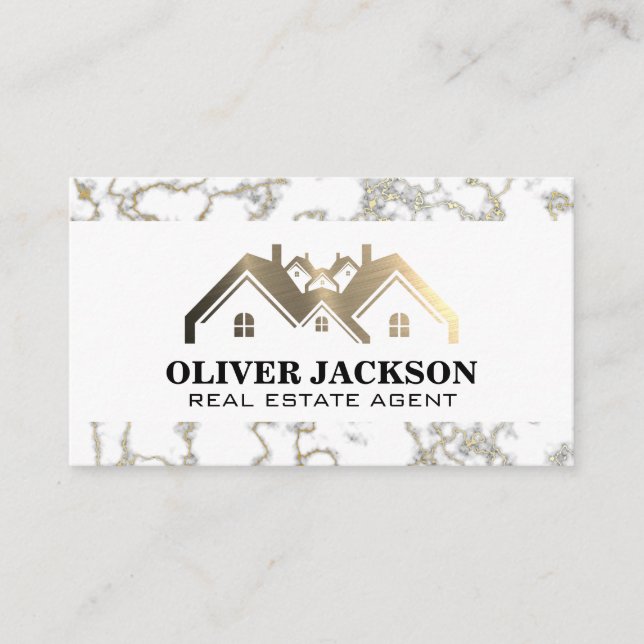 Gold Metal Real Estate Logo | Marble Business Card (Front)