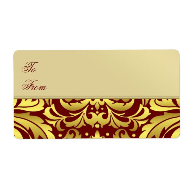 Gold Metal Red Damask Christmas Gift Tag Label (Front)