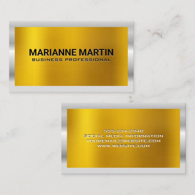 Gold Metal Shine | Silver Border  Business Card (Front/Back)