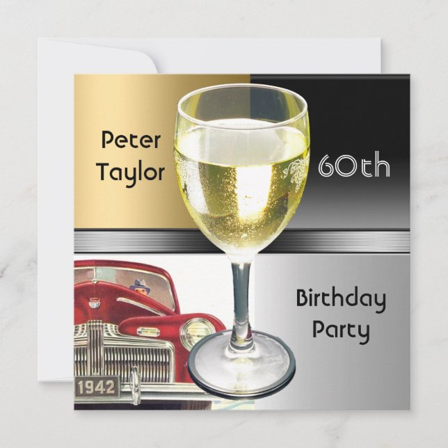 Gold Metal Silver Red Car Mens 60th Birthday Man Invitation (Front)