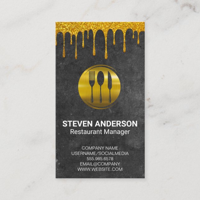 Gold Metal Silverware | Slate Gold Drip Business Card (Front)
