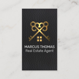 Gold Metal Skeleton Key Black Leather Appointment Card