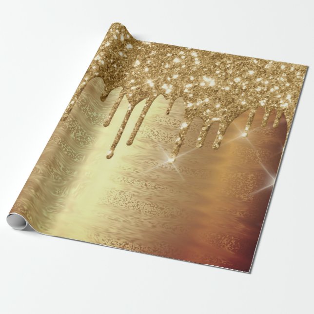 Gold Metal Spark Drips Glitter Bridal Wedding Wrapping Paper (Unrolled)