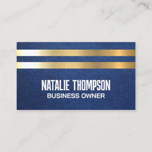 Gold Metal Stripes   Blue Leather Business Card