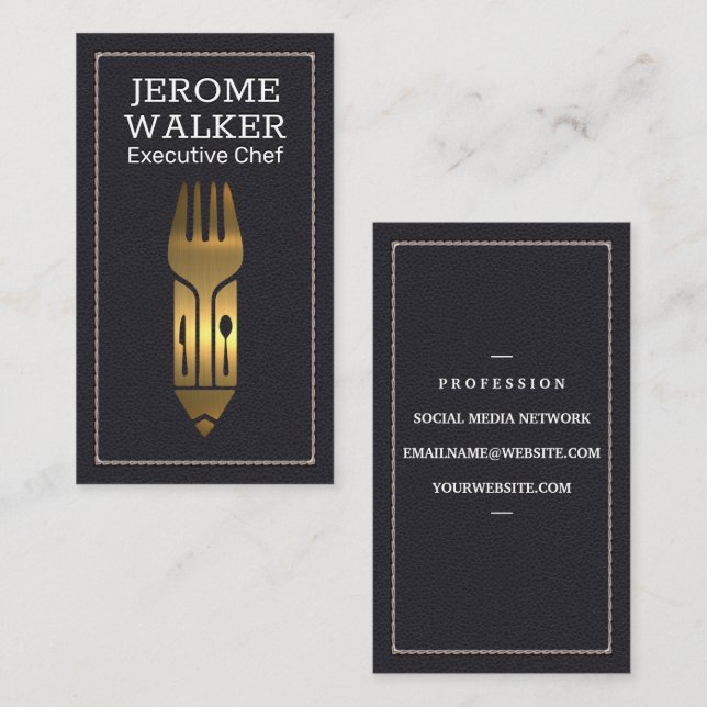 Gold Metal Utensils | Leather Stitched Business Card (Front/Back)