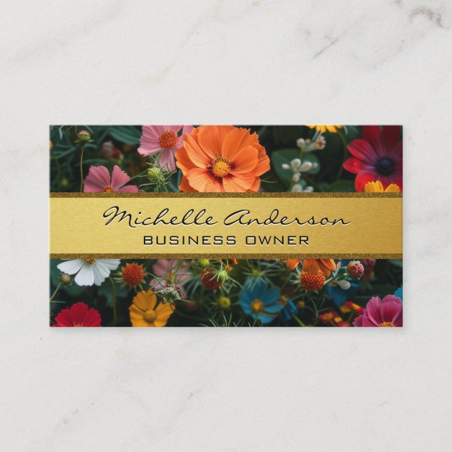 Gold Metallic Band | Colourful Flowers Business Card (Front)