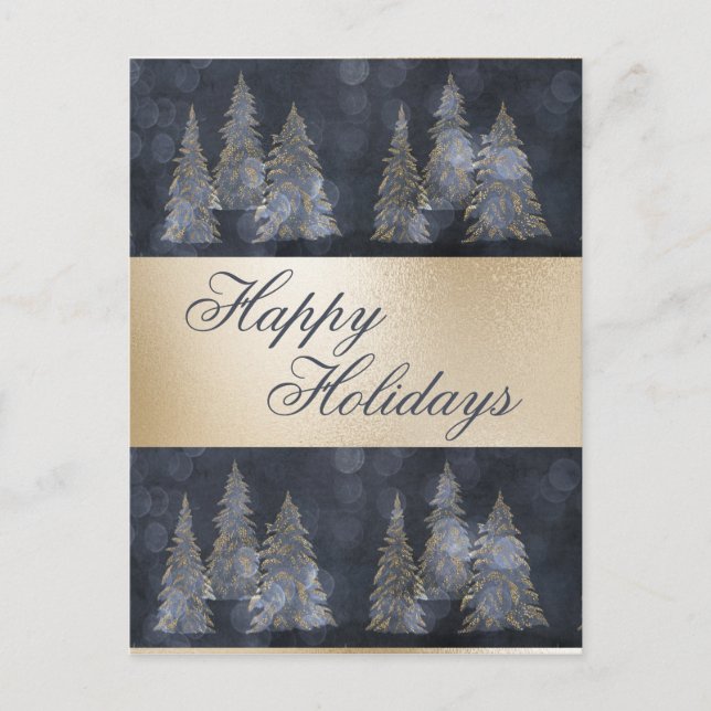 Gold Metallic Blue Elegant Pine Merry Christmas  H Holiday Postcard (Front)