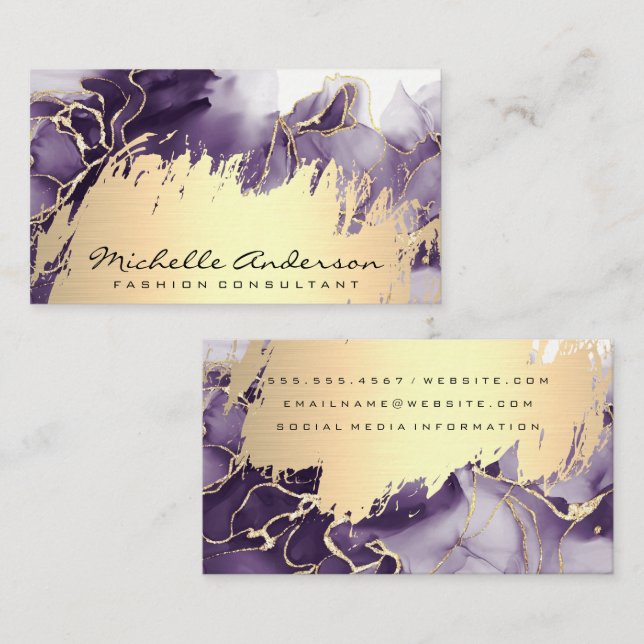Gold Metallic Brushed | Purple Marble Business Card (Front/Back)