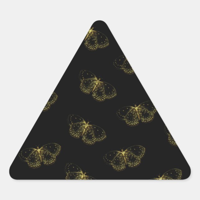 Gold Metallic Butterflies Pattern On Black Triangle Sticker (Front)