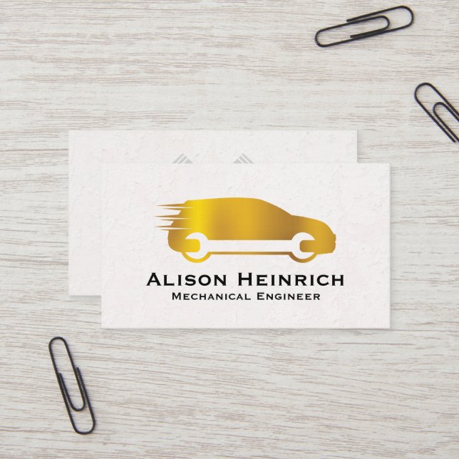 Gold Metallic Car and Wrench | Mechanic Business Card (Front/Back In Situ)