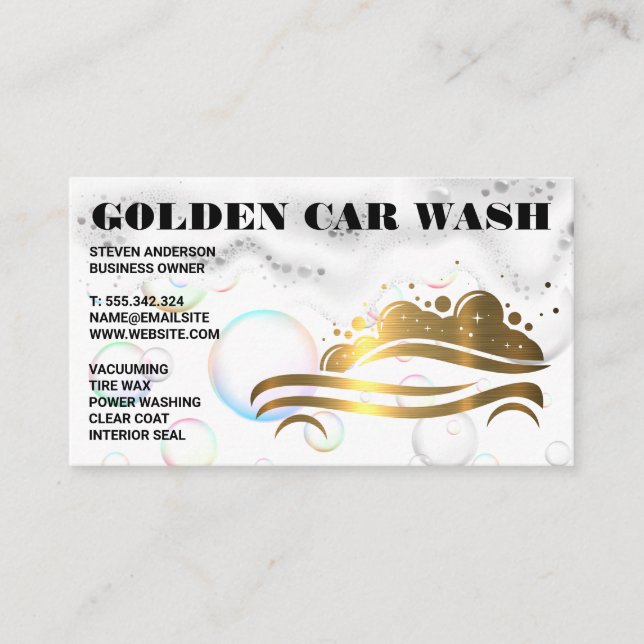 Gold Metallic Car Wash Logo | Soap Bubbles Foam Business Card (Front)