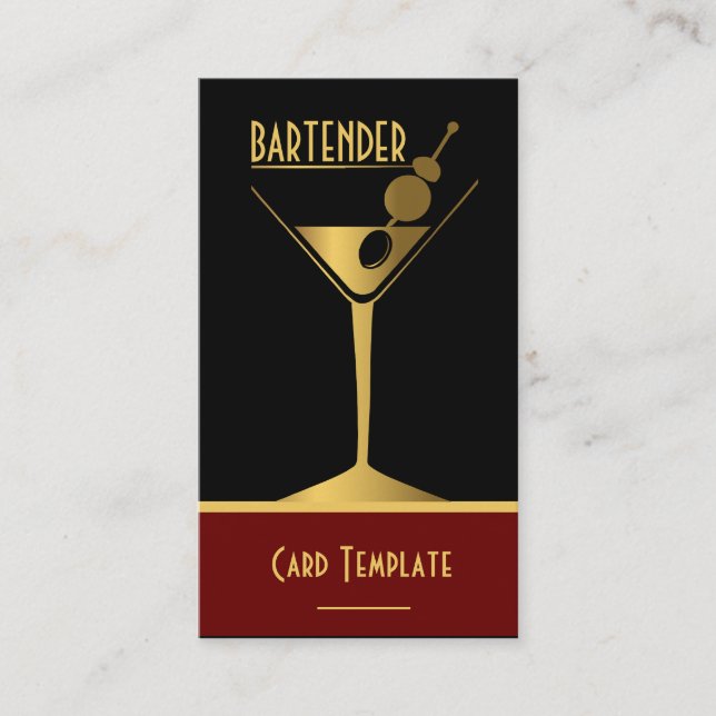 Gold Metallic Cocktail Logo Bartender Business Card (Front)