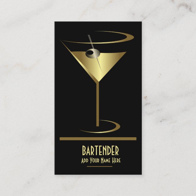 Gold Metallic Cocktail Logo Bartender Business Card (Front)