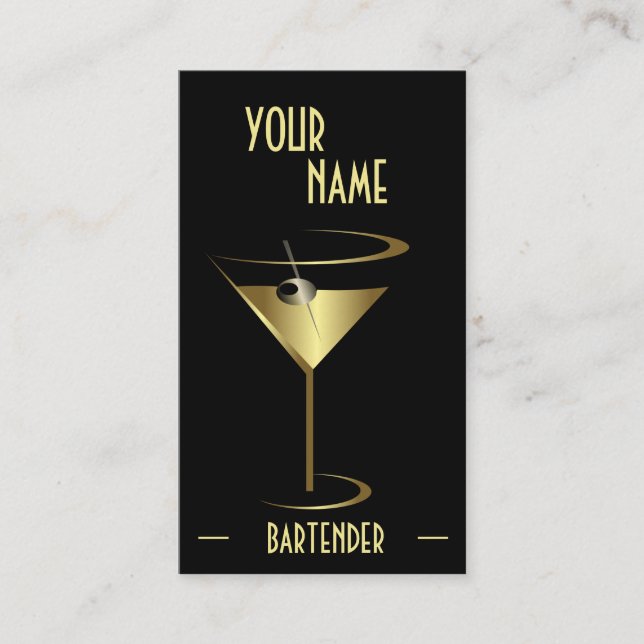 Gold Metallic Cocktail Martini Bartender Business Card (Front)