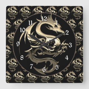 Gold Metallic Dragon Square Wall Clock