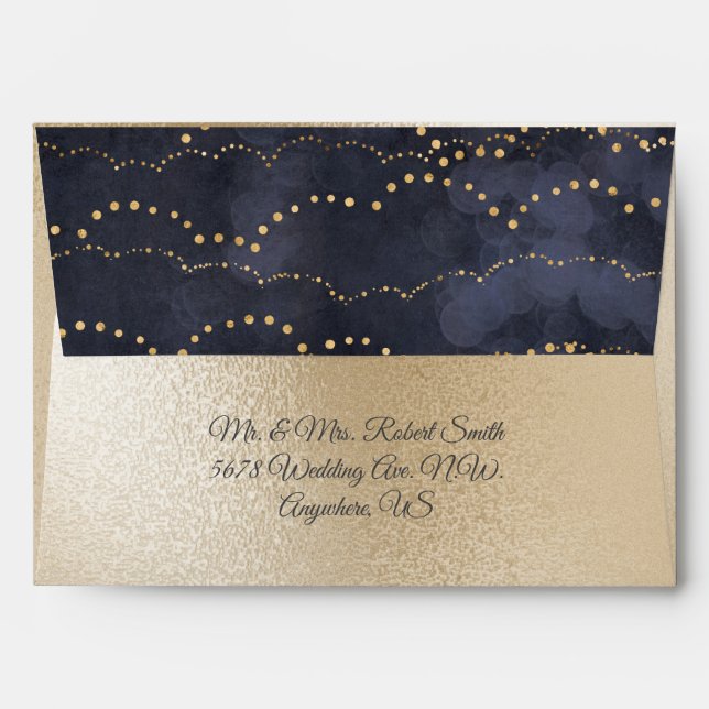 Gold Metallic Fairy Lights Elegant Blue Wedding Envelope (Back (Top Flap))